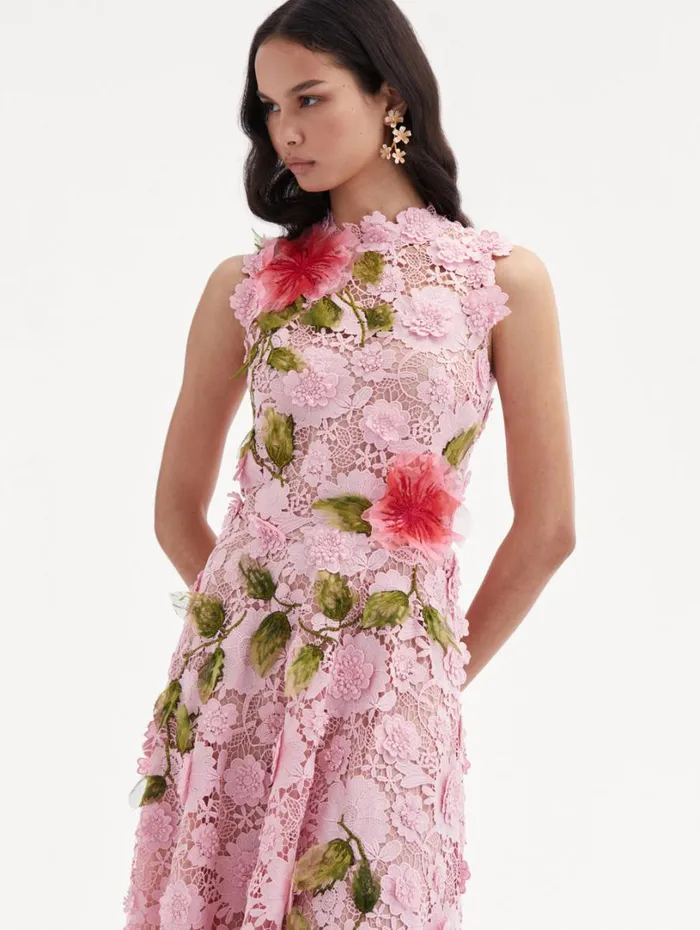 Oscar De La Renta Hibiscus Embroidered Guipure Dress Soft Pink Women Dresses