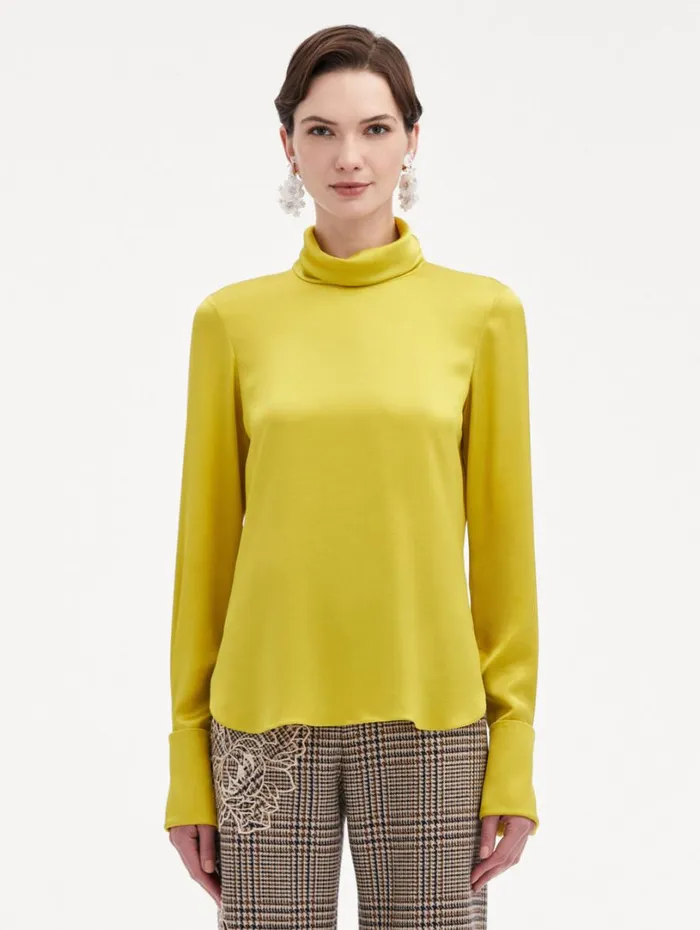 Oscar De La Renta Mock Neck Satin Blouse Ginger Women Blouses and Knits Oscar De La Renta Mock Neck Satin Blouse Ginger Women Blouses and Knits