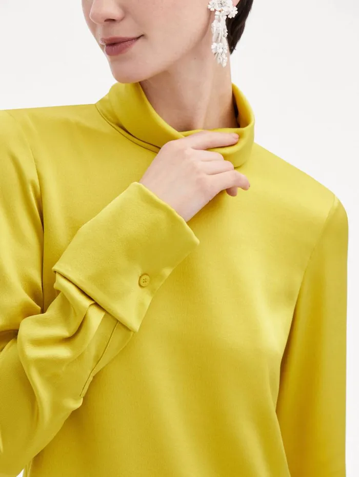 Oscar De La Renta Mock Neck Satin Blouse Ginger Women Blouses and Knits Oscar De La Renta Mock Neck Satin Blouse Ginger Women Blouses and Knits