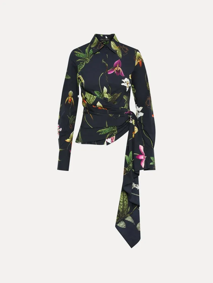 Oscar De La Renta Orchid Cotton Poplin Blouse Navy Multi Women Blouses and Knits