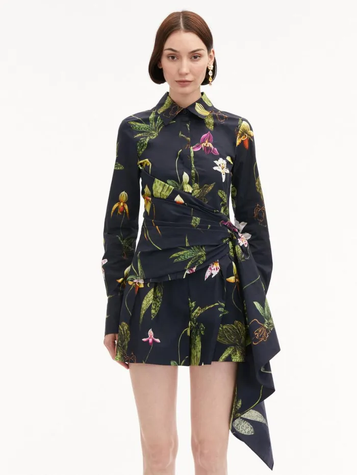 Oscar De La Renta Orchid Cotton Poplin Blouse Navy Multi Women Blouses and Knits Oscar De La Renta Orchid Cotton Poplin Blouse Navy Multi Women Blouses and Knits