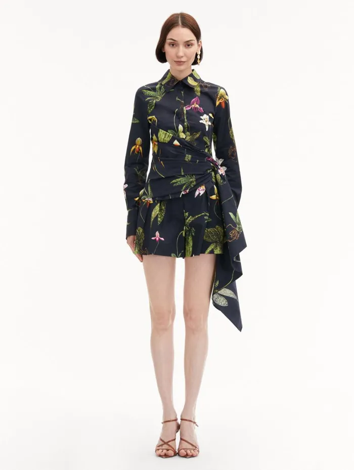Oscar De La Renta Orchid Cotton Poplin Blouse Navy Multi Women Blouses and Knits Oscar De La Renta Orchid Cotton Poplin Blouse Navy Multi Women Blouses and Knits