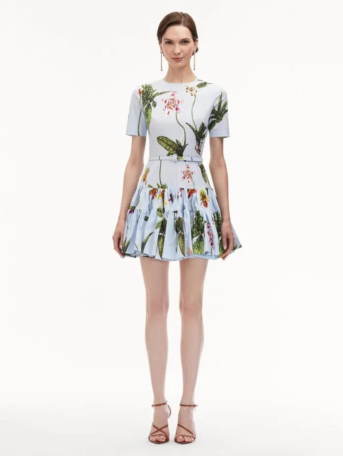 Oscar De La Renta Orchid Cotton Poplin Mini Dress Light Blue Multi Women Dresses
