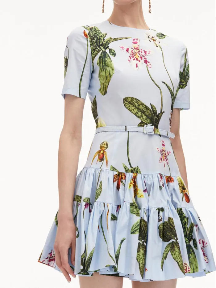 Oscar De La Renta Orchid Cotton Poplin Mini Dress Light Blue Multi Women Dresses