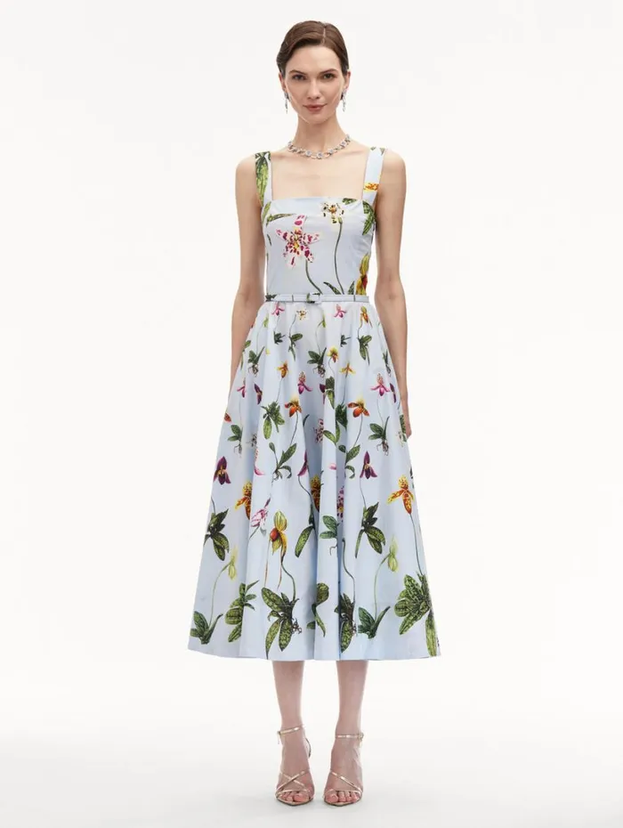 Oscar De La Renta Orchid Cotton Poplin Tank Dress Light Blue Multi Women Dresses Oscar De La Renta Orchid Cotton Poplin Tank Dress Light Blue Multi Women Dresses
