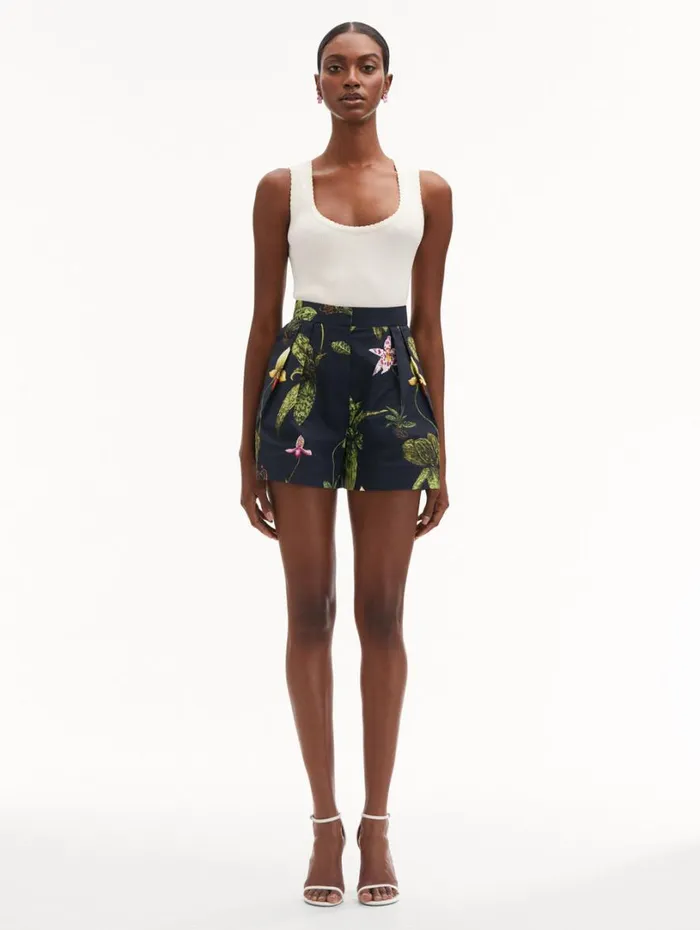 Oscar De La Renta Orchid Cotton Poplin Wide Leg Shorts Navy Multi Women Pants and Skirts Oscar De La Renta Orchid Cotton Poplin Wide Leg Shorts Navy Multi Women Pants and Skirts