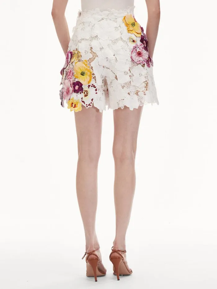 Oscar De La Renta Orchid Embroidered Guipure Shorts White Women Pants and Skirts Oscar De La Renta Orchid Embroidered Guipure Shorts White Women Pants and Skirts
