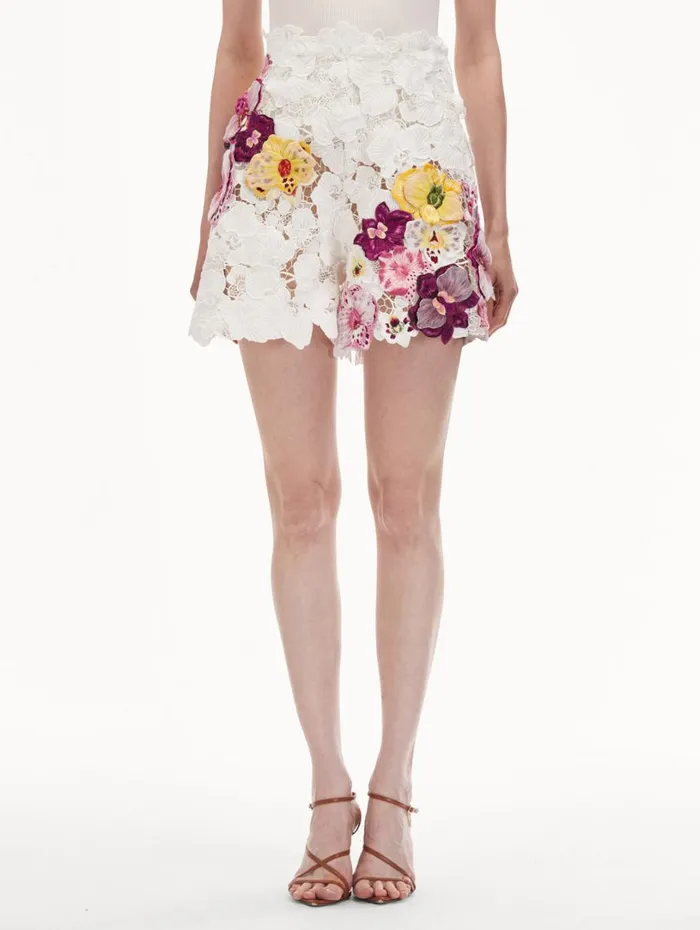Oscar De La Renta Orchid Embroidered Guipure Shorts White Women Pants and Skirts Oscar De La Renta Orchid Embroidered Guipure Shorts White Women Pants and Skirts