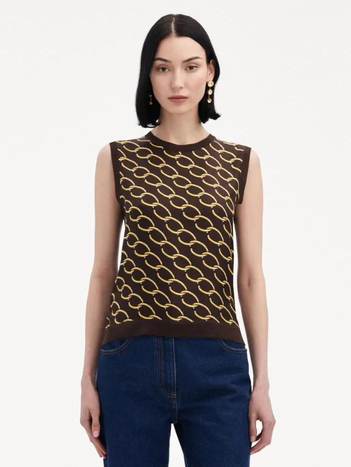 Oscar De La Renta Oscar ChainLink Inset Tank Cafe Gold Women Blouses and Knits