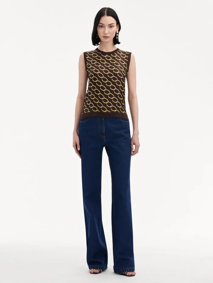 Oscar De La Renta Oscar ChainLink Inset Tank Cafe Gold Women Blouses and Knits