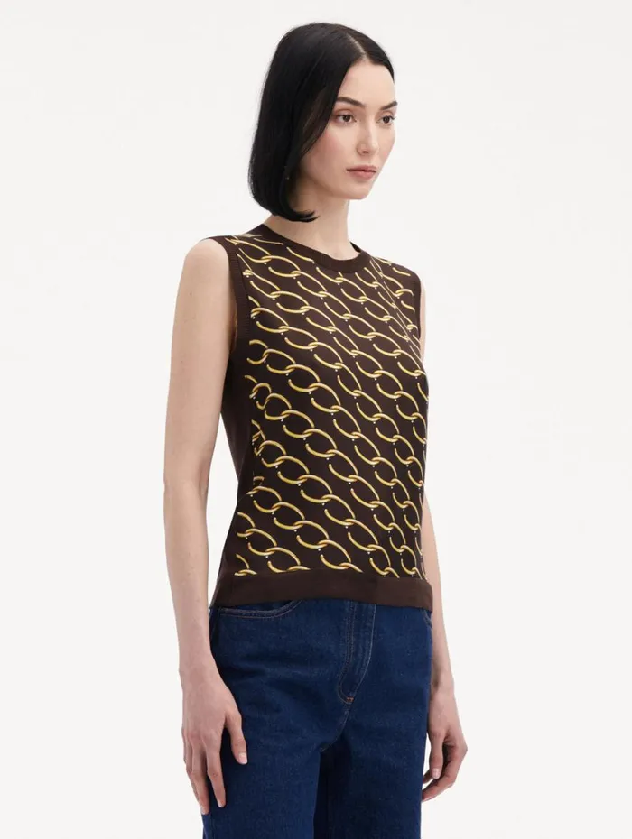 Oscar De La Renta Oscar ChainLink Inset Tank Cafe Gold Women Blouses and Knits