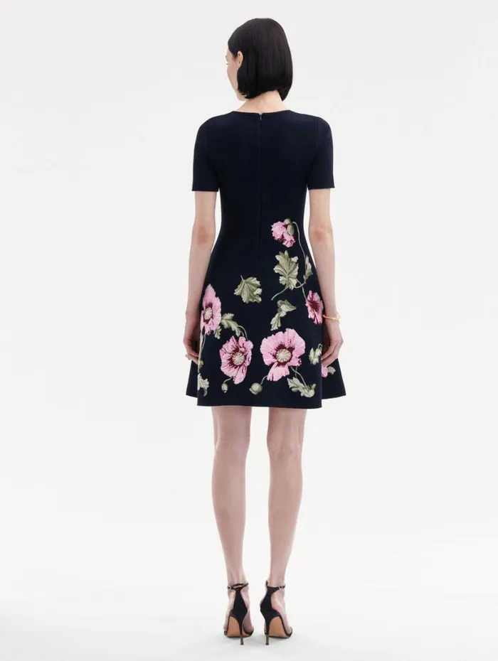 Oscar De La Renta Poppy Jacquard Dress Navy Pink Women Dresses