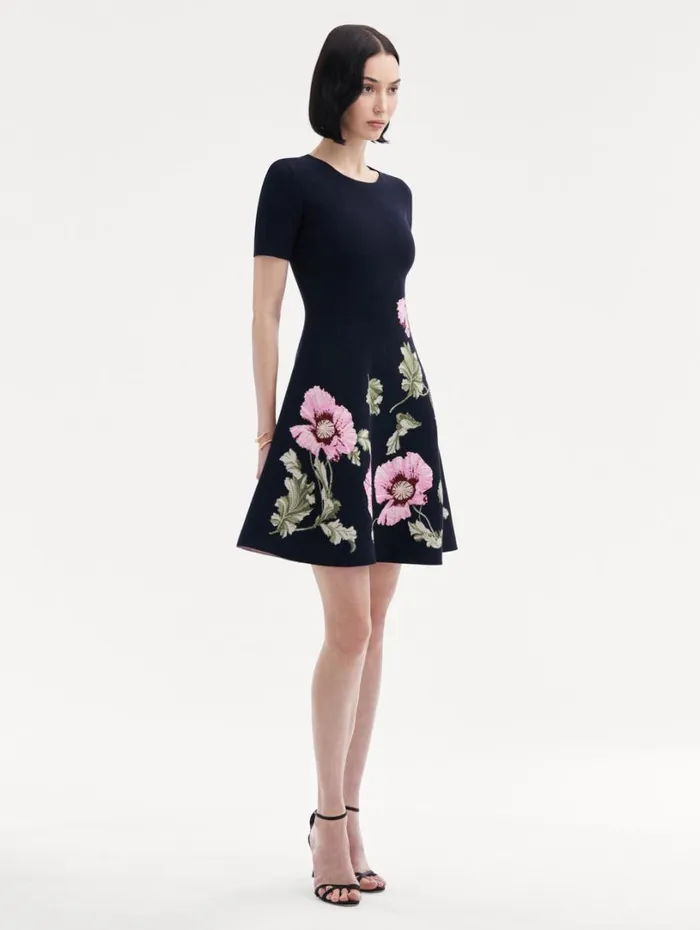 Oscar De La Renta Poppy Jacquard Dress Navy Pink Women Dresses