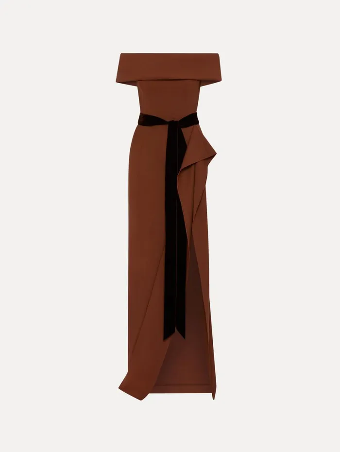Oscar De La Renta RibbonDetailed Off Shoulder Gown Cocoa Women Gowns and Caftans