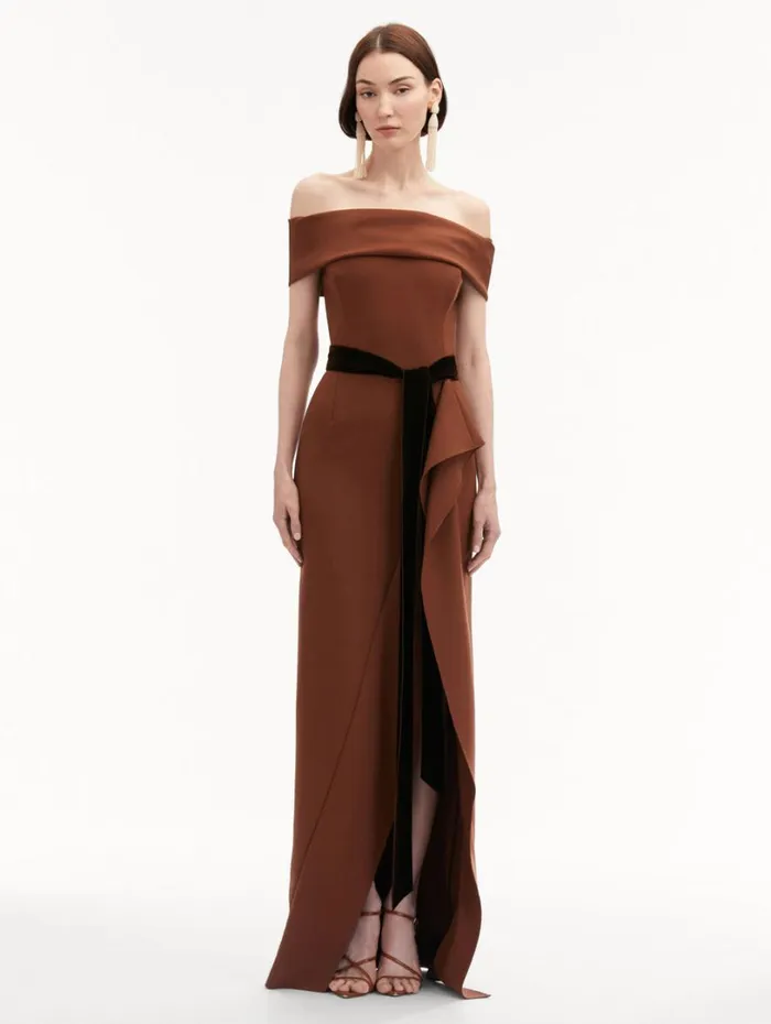 Oscar De La Renta RibbonDetailed Off Shoulder Gown Cocoa Women Gowns and Caftans