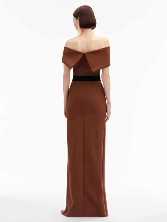 Oscar De La Renta RibbonDetailed Off Shoulder Gown Cocoa Women Gowns and Caftans