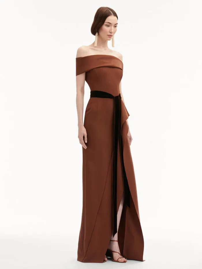 Oscar De La Renta RibbonDetailed Off Shoulder Gown Cocoa Women Gowns and Caftans