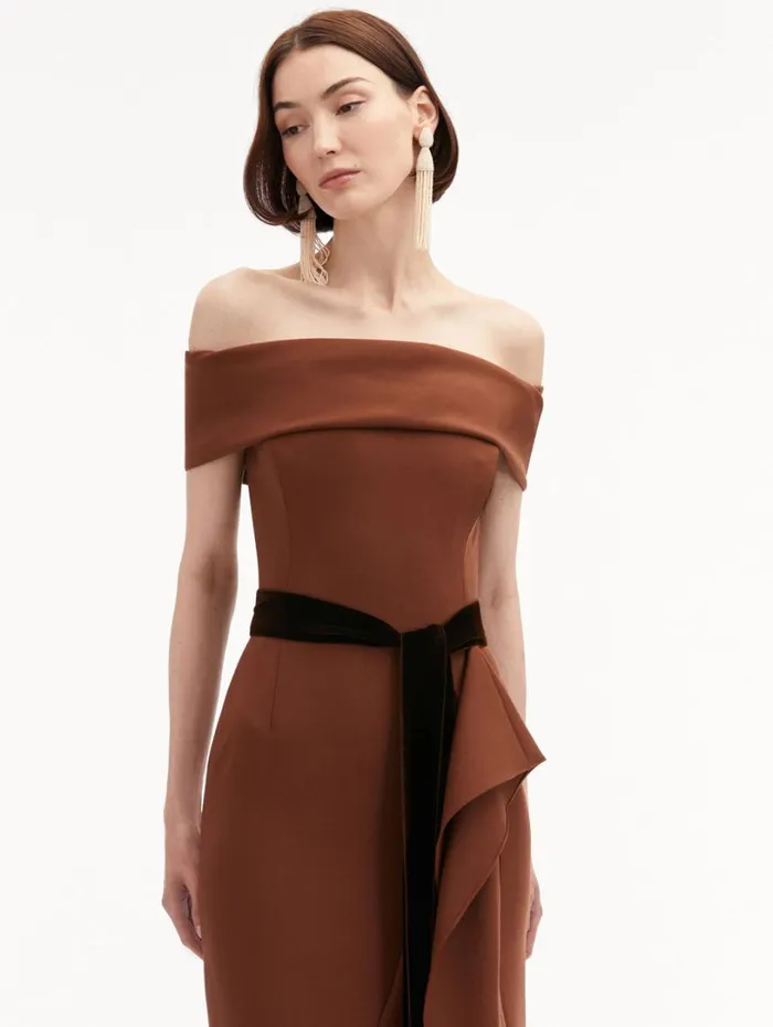 Oscar De La Renta RibbonDetailed Off Shoulder Gown Cocoa Women Gowns and Caftans