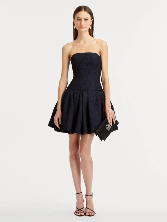 Oscar De La Renta Textured Floral Cloqu CapeBack Dress Navy Women Dresses