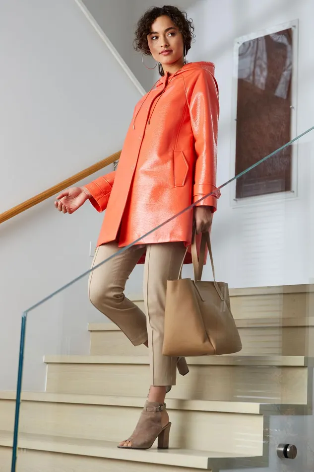 Outlet 8211 Women Coats Elie Tahari Pebbled Patent Raincoat Tangerine