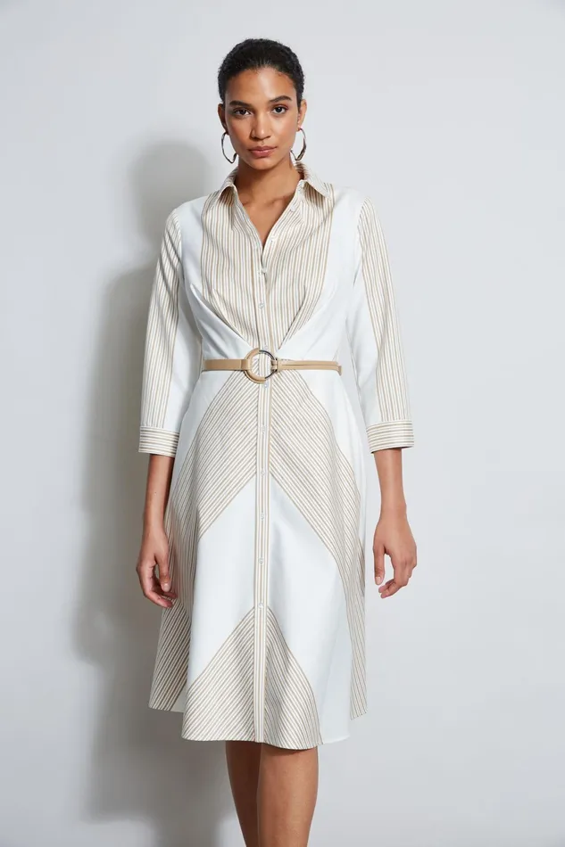 Outlet 8211 Women Dresses and Jumpsuits Elie Tahari Fit and Flare Stripe Cotton Dress Birch Pearl