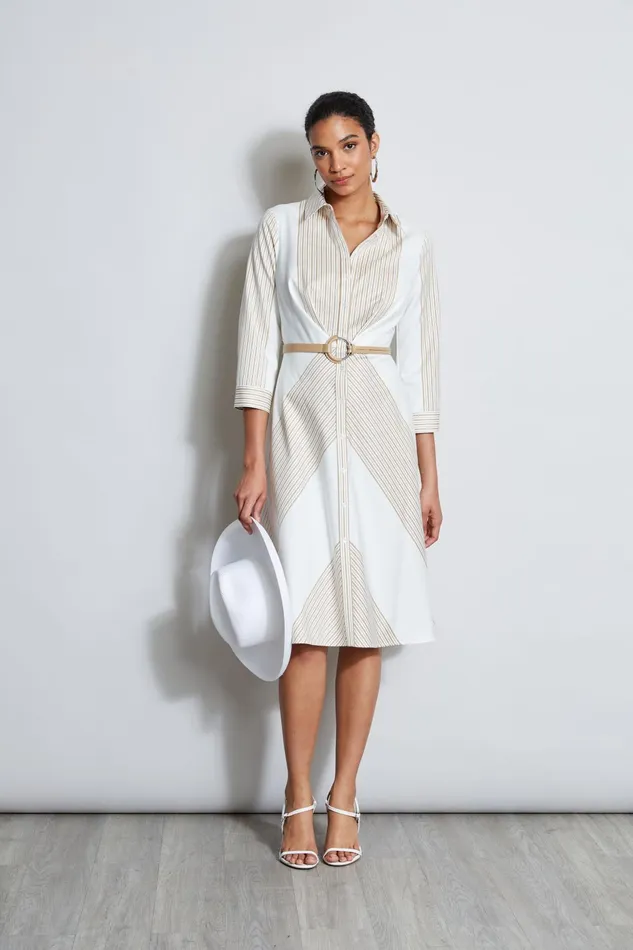 Outlet 8211 Women Dresses and Jumpsuits Elie Tahari Fit and Flare Stripe Cotton Dress Birch Pearl