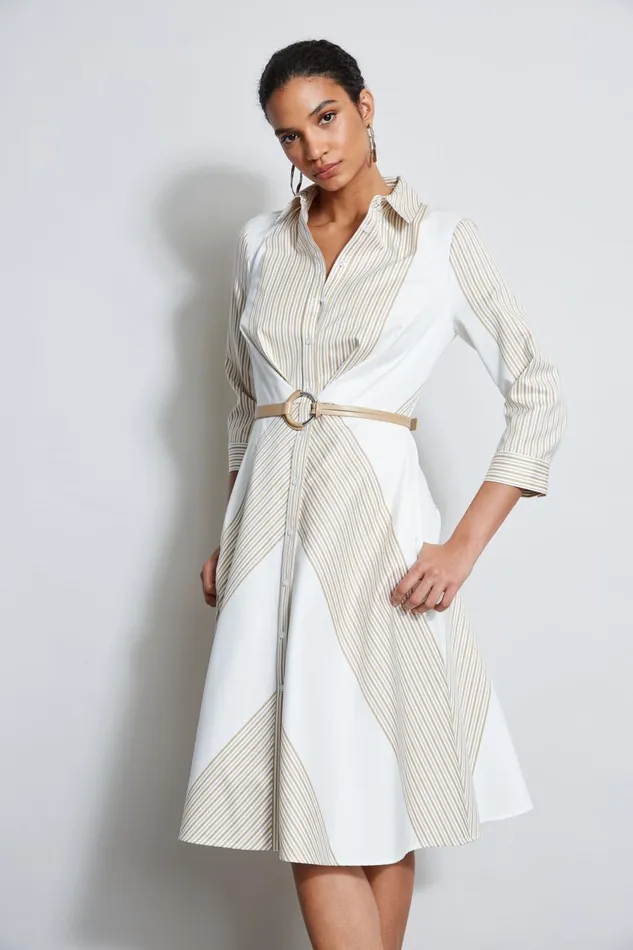 Outlet 8211 Women Dresses and Jumpsuits Elie Tahari Fit and Flare Stripe Cotton Dress Birch Pearl