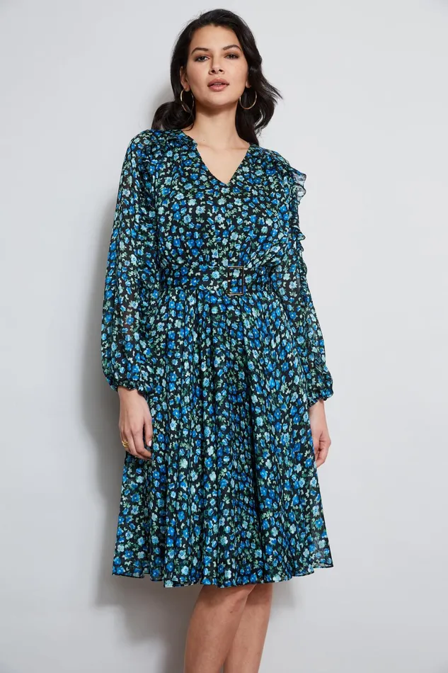 Outlet 8211 Women Dresses and Jumpsuits Elie Tahari Floral Long Sleeve Belted Dress Forget Me Not Print