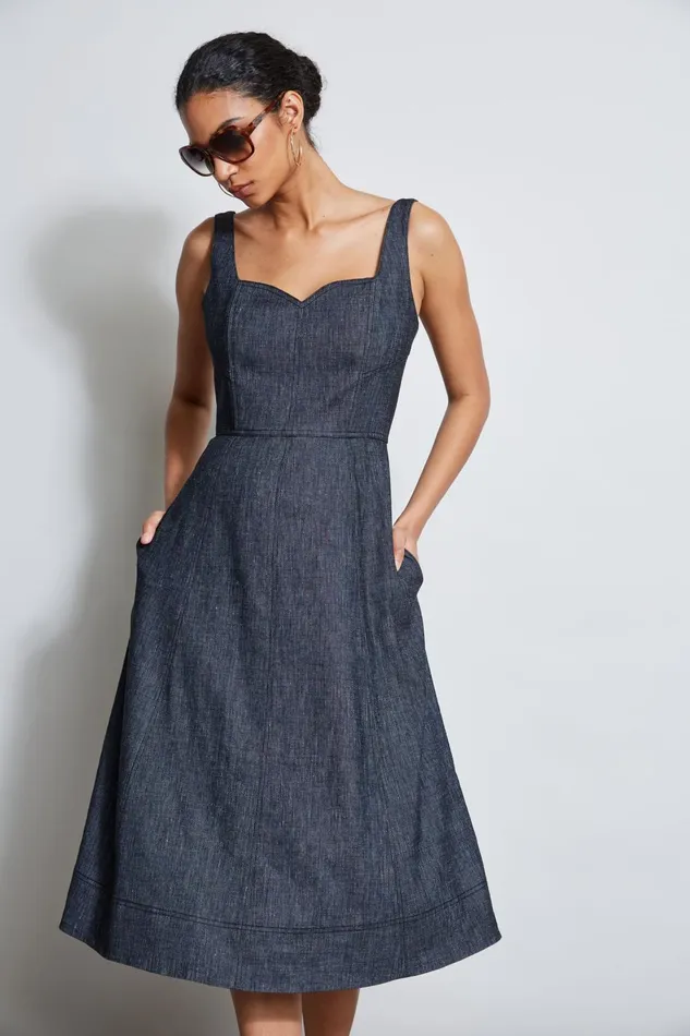 Outlet 8211 Women Dresses and Jumpsuits Elie Tahari Linen Fit and Flare Contour Dress Denim