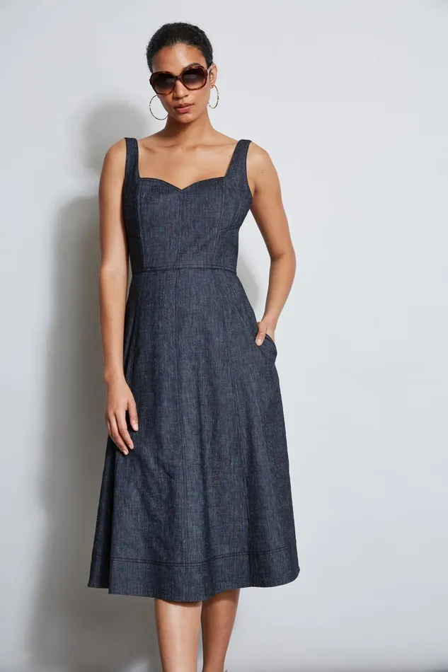 Outlet 8211 Women Dresses and Jumpsuits Elie Tahari Linen Fit and Flare Contour Dress Denim