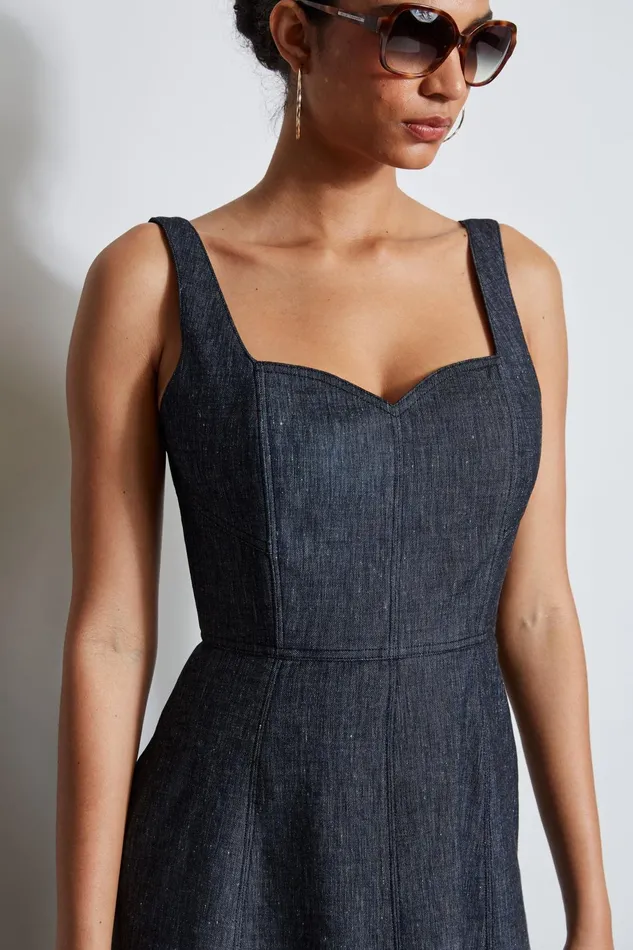 Outlet 8211 Women Dresses and Jumpsuits Elie Tahari Linen Fit and Flare Contour Dress Denim