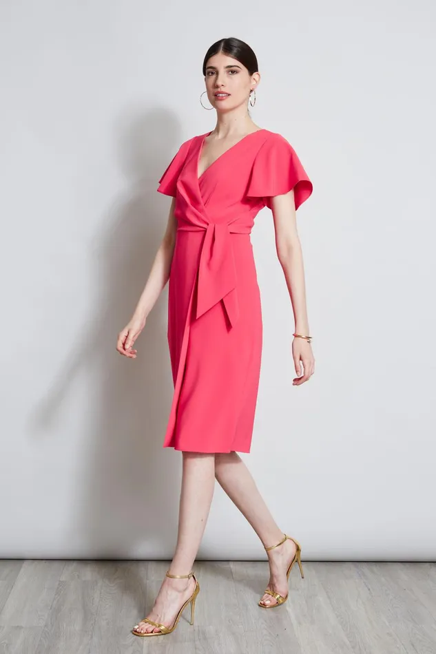 Outlet 8211 Women Dresses and Jumpsuits Elie Tahari Mock Wrap Flutter Sleeve Dress Wild Strawberry