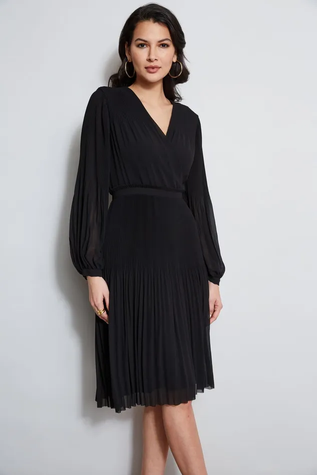 Outlet 8211 Women Dresses and Jumpsuits Elie Tahari Mock Wrap Pleated Dress Noir