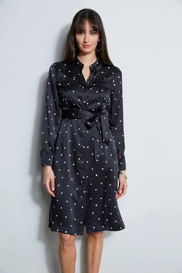 Outlet 8211 Women Dresses and Jumpsuits Elie Tahari Silk Cube Dot Shirt Dress Blackfoam