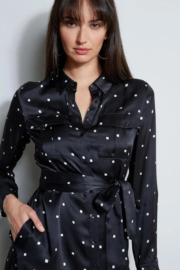 Outlet 8211 Women Dresses and Jumpsuits Elie Tahari Silk Cube Dot Shirt Dress Blackfoam