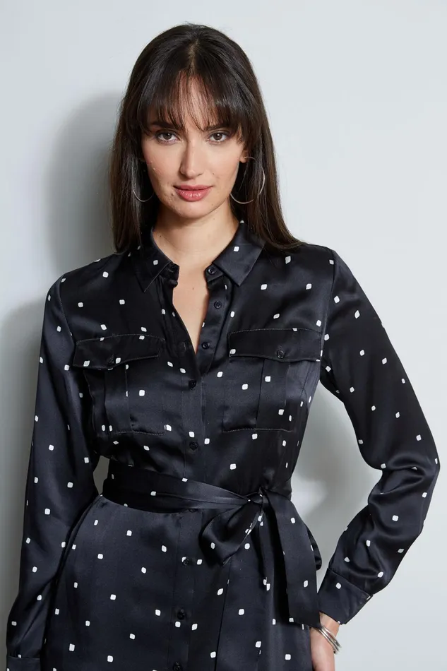 Outlet 8211 Women Dresses and Jumpsuits Elie Tahari Silk Cube Dot Shirt Dress Blackfoam