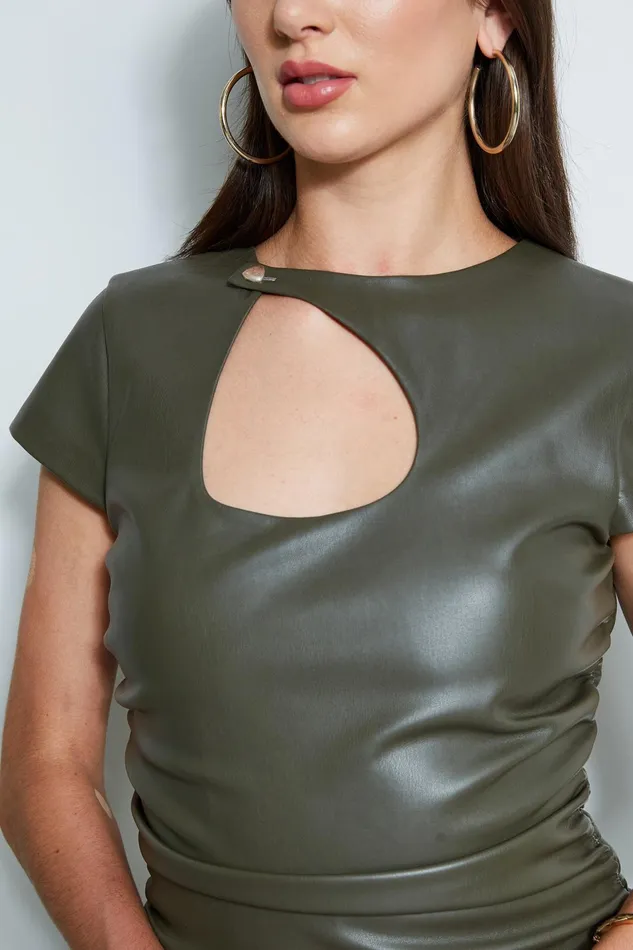 Outlet 8211 Women Dresses and Jumpsuits Elie Tahari Vegan Leather Keyhole Dress Olive