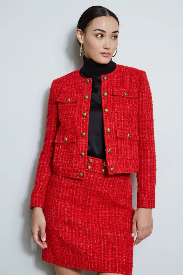 Outlet 8211 Women Jackets and Blazers Elie Tahari French Tweed Button Jacket Flame Red
