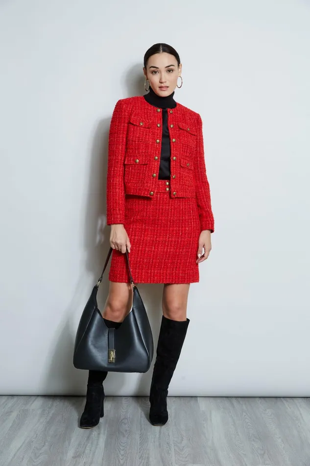 Outlet 8211 Women Jackets and Blazers Elie Tahari French Tweed Button Jacket Flame Red