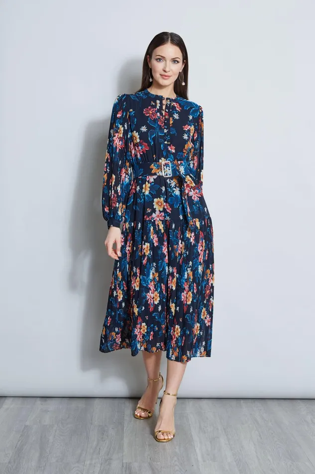 Outlet 8211 Women Long Sleeve Dresses Elie Tahari Floral Belted Pleated Midi Dress Paradise Print