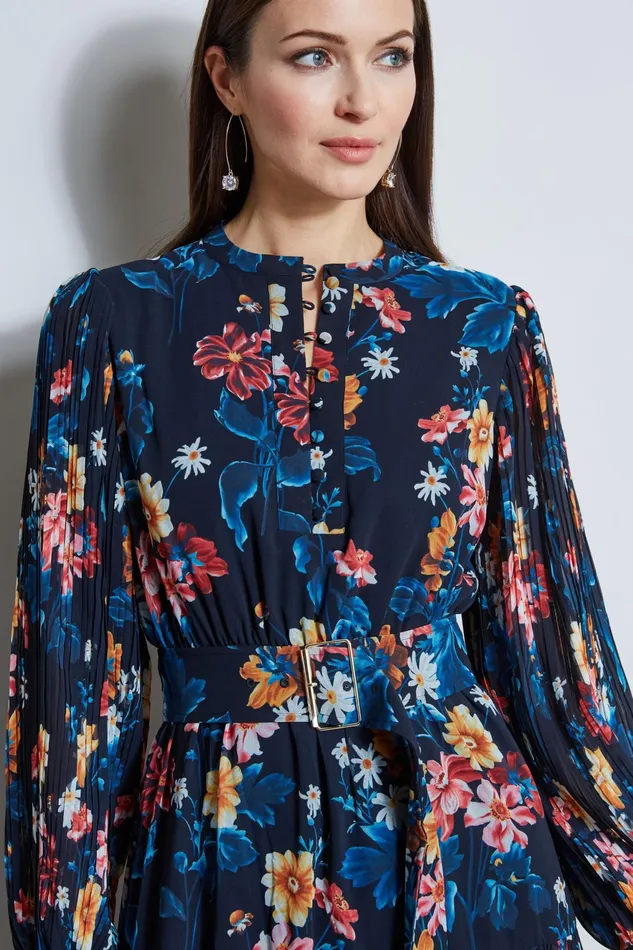 Outlet 8211 Women Long Sleeve Dresses Elie Tahari Floral Belted Pleated Midi Dress Paradise Print