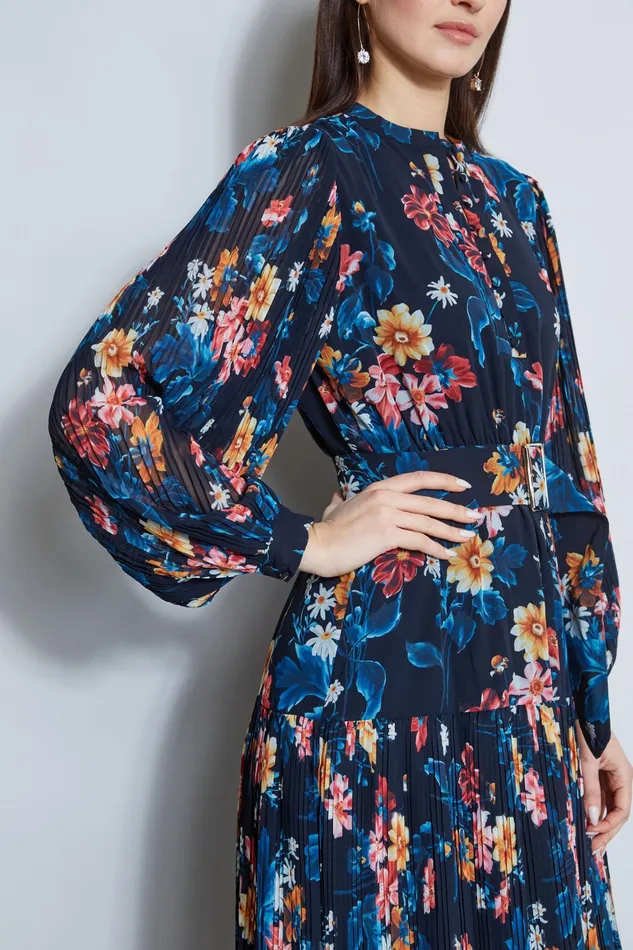 Outlet 8211 Women Long Sleeve Dresses Elie Tahari Floral Belted Pleated Midi Dress Paradise Print