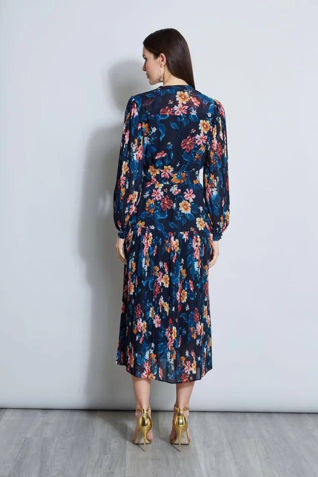Outlet 8211 Women Long Sleeve Dresses Elie Tahari Floral Belted Pleated Midi Dress Paradise Print