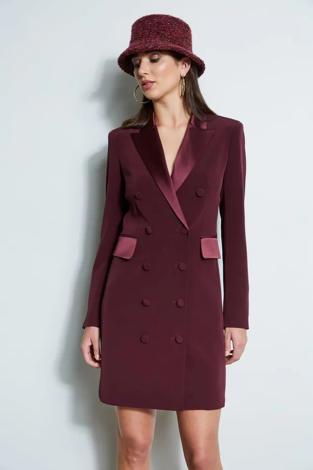 Outlet 8211 Women Short Dresses Elie Tahari Satin Tuxedo Coat Dress Cordovan