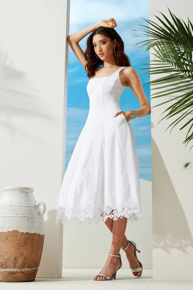 Outlet 8211 Women Sleeveless Dresses Elie Tahari Cotton Poplin Square Neck Dress White