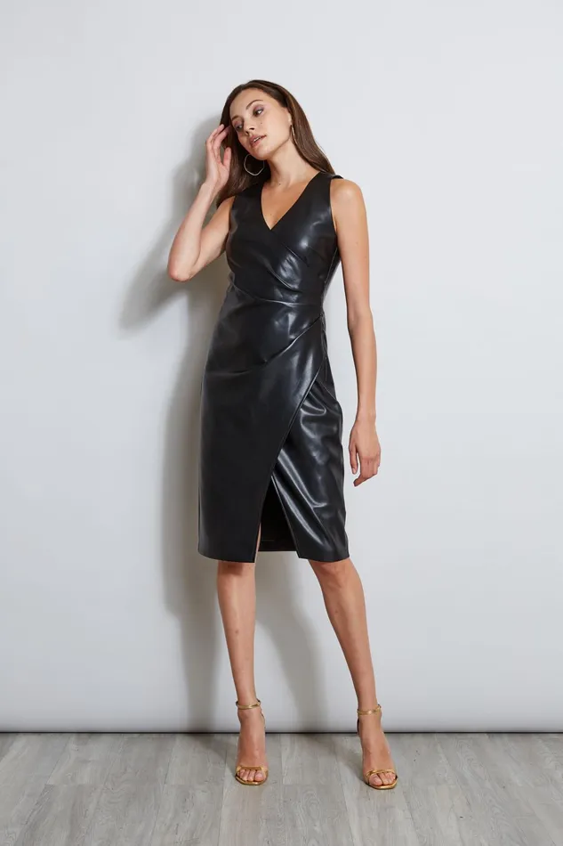 Outlet 8211 Women Sleeveless Dresses Elie Tahari Vegan Leather Ruched Wrap Dress Noir