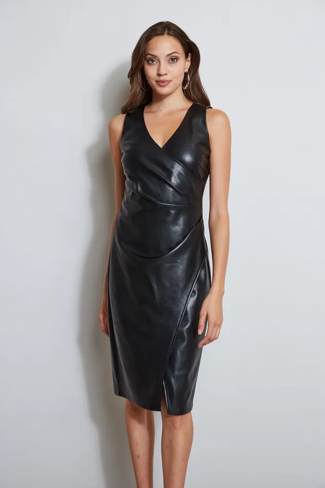 Outlet 8211 Women Sleeveless Dresses Elie Tahari Vegan Leather Ruched Wrap Dress Noir