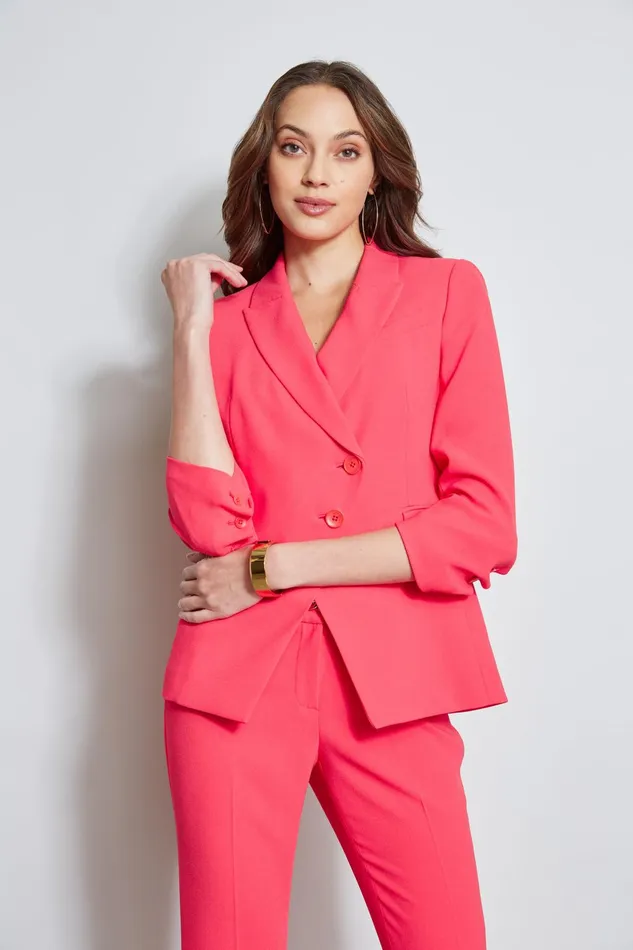 Outlet 8211 Women Suiting Elie Tahari 3 Button Ruched Sleeve Blazer Wild Strawberry