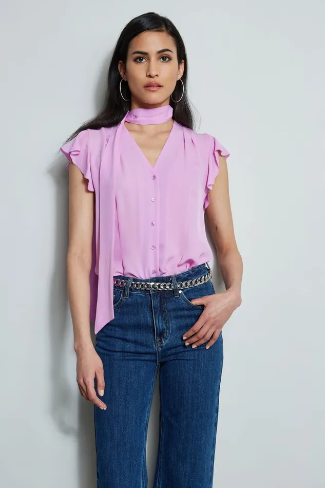 Outlet 8211 Women Tops Elie Tahari Flutter Sleeve Tie Shirt Bright Viola