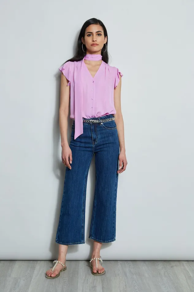 Outlet 8211 Women Tops Elie Tahari Flutter Sleeve Tie Shirt Bright Viola